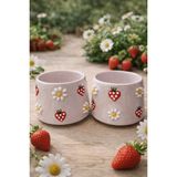 Nivra Grup (2'li) El Yapımı Seramik Kupa Bardak – Papatya ve Çilek Desenli Kahve & Çay Kupası 190 ml - 001 - Beyaz