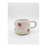 NİVRA GRUP El Yapımı Çiçekli Seramik Mug Papatya Çilek Desenli Dekoratif Kahve Fincanı Hediyelik Kupa 190 ml