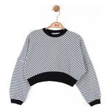 NK Kız Çocuk Pamuklu Çizgili Crop Sweatshirt - Siyah - Beyaz - 4 Yaş
