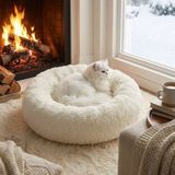 N&M Store Krem Yuvarlak Welsoft Peluş Kedi ve Köpek Yatağı Kaymaz Tabanlı Pet Uyku Minderi