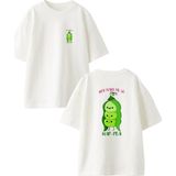 Nmg Tekstil Beyaz Oversize Pamuk Bezelye Yumurcak Ön Arka Baskılı Örme T-Shirt - XS