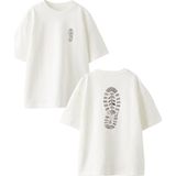 Nmg Tekstil Beyaz Oversize Pamuk Bot Ayakkabı Altı Ön Arka Baskılı Örme T-Shirt - XS