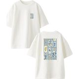Nmg Tekstil Beyaz Oversize Pamuk Çini Deseni Ön Arka Baskılı Örme T-Shirt