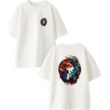 Nmg Tekstil Beyaz Oversize Pamuk Japon Balık Desen Ön Arka Baskılı Örme T-Shirt - XL