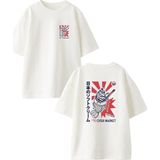 Nmg Tekstil Beyaz Oversize Pamuk Japon Dondurma Balık Ön Arka Baskılı Örme T-Shirt - XS