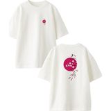 Nmg Tekstil Beyaz Oversize Pamuk Kırmızı Dolunay Ağaç Çiçek Ön Arka Baskılı Örme T-Shirt - XL