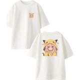 Nmg Tekstil Beyaz Oversize Pamuk Pikachu Montlu Anime Ön Arka Baskılı Örme T-Shirt - XL