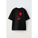 Nmg Tekstil Siyah Oversize Pamuk Ayı Yogi Kırmızı Balon Baskılı Örme T-Shirt
