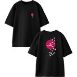 Nmg Tekstil Siyah Oversize Pamuk Kırmızı Dolunay Ağaç Çiçek Ön Arka Baskılı Örme T-Shirt - XS