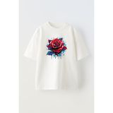 Nmg Tekstil Unisex Beyaz Oversize Pamuk Boyalı Kırmızı Tek Gül Baskılı Örme T-Shirt - XL