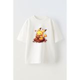 Nmg Tekstil Unisex Beyaz Oversize Pamuk Pikachu Çikolata Baskılı Örme T-Shirt - XL
