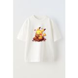 NMG TEKSTİL Unisex Beyaz Oversize Pamuk Pikachu Çikolata Baskılı Örme T-shirt
