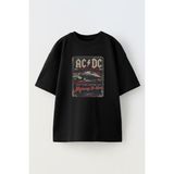 Nmg Tekstil Unisex Siyah Oversize Pamuk Acdc Araba Poster Baskılı Örme T-Shirt - XS