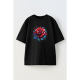 Nmg Tekstil Unisex Siyah Oversize Pamuk Boyalı Kırmızı Tek Gül Baskılı Örme T-Shirt