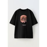 Nmg Tekstil Unisex Siyah Oversize Pamuk Dolunay Çınar Ağacı Baskılı Örme T-Shirt - XS