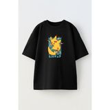 Nmg Tekstil Unisex Siyah Oversize Pamuk Elektrik Pikachu Baskılı Örme T-Shirt - XS
