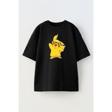 Nmg Tekstil Unisex Siyah Oversize Pamuk Gözlüklü Pikachu Baskılı Örme T-Shirt - XL