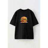 Nmg Tekstil Unisex Siyah Oversize Pamuk Hamburger Köfte Baskılı Örme T-Shirt - XS