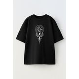 Nmg Tekstil Unisex Siyah Oversize Pamuk Kuş Ağaç Pusula Baskılı Örme T-Shirt