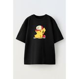 Nmg Tekstil Unisex Siyah Oversize Pamuk Şapkalı Pikachu Baskılı Örme T-Shirt