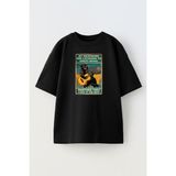 Nmg Tekstil Unisex Siyah Oversize Pamuk Siyah Gitar Çalan Kedi Baskılı Örme T-Shirt - XL