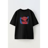 Nmg Tekstil Unisex Siyah Oversize Pamuk Spiderman Dertli Baskılı Örme T-Shirt