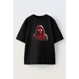 Nmg Tekstil Unisex Siyah Oversize Pamuk Spiderman Kapşonlu Baskılı Örme T-Shirt
