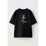 Nmg Tekstil Unisex Siyah Oversize Pamuk Üç Maymun Dalda Baskılı Örme T-Shirt - XL
