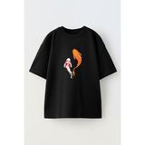 Nmg Tekstil Unisex Siyah Oversize Pamuk Yüzen Japon Balıkları Baskılı Örme T-Shirt - XL