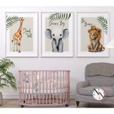 Nn Decor Safari - Aslan, Zürafa ve Fil 3’lü Set - V01 - Doğal Ahşap Çerçeveli, Bebek ve Çocuk Odası Tablo Seti - 24x30 cm - Beyaz
