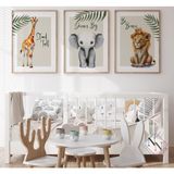 Nn Decor Safari - Aslan, Zürafa ve Fil 3’lü Set - V01 - Doğal Ahşap Çerçeveli, Bebek ve Çocuk Odası Tablo Seti - 40x60 cm - Naturel