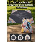 nnevora Katlanabilir Taşıma Torbalı Piknik Örtüsü 150x150 cm - Büzgülü Çantalı Desenli Plaj Ve Kamp Matı