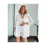 NO 601 Kadın Beyaz Oversize Bürümcük Kumaş Gömlek
