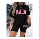 NO 601 Kadın Siyah Oversize T-shirt Malibu Baskılı Kısa Biker Tayt Alt-Üst Takım