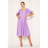 No48 Kare Yaka Kısa Balon Kol Kolları Lastikli Dokuma Dökümlü Kumaş Midi Boy Elbise - 44 - Leylak