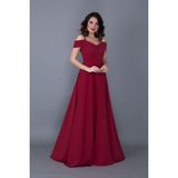 No48 Kayık Yaka Düşük Omuz Detaylı Askılı Maxi Boy Bordo Abiye Elbise - 46