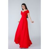 No48 Kayık Yaka Kruvaze Dokuma Dökümlü Kumaş Maxi Boy Abiye Elbise - 46 - 00Kırmızı