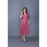No48 Truvakar Kol V Yaka Cepli Dokuma Dökümlü Kumaş Kloş Midi Boy Elbise - 38 - Gül Kurusu