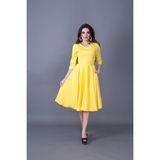 No48 Truvakar Kol V Yaka Cepli Dokuma Dökümlü Kumaş Kloş Midi Boy Elbise - 40 - Sarı