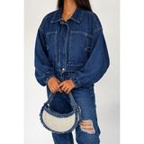 Noa Noa Kadın Açık Mavi Kısa Denim Ceket – Elastik Manşetli Crop Model - Lacivert
