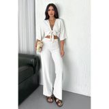 Noa Noa Kadın Bağlamalı Crop Bluz & Çizgili Bol Paça Kimono Pantolon Takımı – Yazlık Şıklık