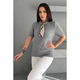 Noa Noa Kadın Kısa Kollu Fular Detaylı Triko Kazak – Soft Elegance - Gri - Standart