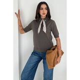 Noa Noa Kadın Polo Yaka Düğmeli Fular Detay Triko Kazak – Retro Accent - Gri - Standart