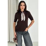 Noa Noa Kadın Polo Yaka Düğmeli Fular Detay Triko Kazak – Retro Accent - Kahverengi - Standart