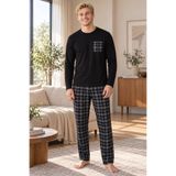 NoaLoungwear Erkek Siyah Renk Bisiklet Yaka Cepli Pamuklu Uzun Kollu Ekose Pijama