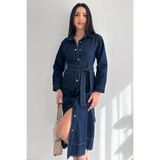 Noa&Noa Kadın Denim Gömlek Elbise – Kemerli Düğme Detaylı Midi Elbise