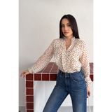 Noa&Noa Kadın Ekru Kahve Puantiyeli Fırfır Detaylı Şifon Bluz – Düğmeli Uzun Kollu Şık Bluz