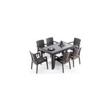 NOBLE DESİNG Rattan Masa Takımı Camlı Masa 6 Kişilik Sandalye Seti Bahçe Balkon Teras Takımı 80 x 140