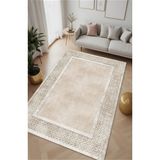 Noble Halı Dijital Baskı Etnik Desen Krem Renk Çerçeveli Dekoratif Makinada Yıkanabilir Salon ve Yolluk Halısı - Renkli - 180 x 350 cm