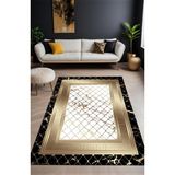 Noble Halı Dijital Baskı File Desen Gold Siyah Çerçeveli Dekoratif Makinada Yıkanabilir Salon ve Yolluk Halısı - Beyaz - 80 x 350 cm